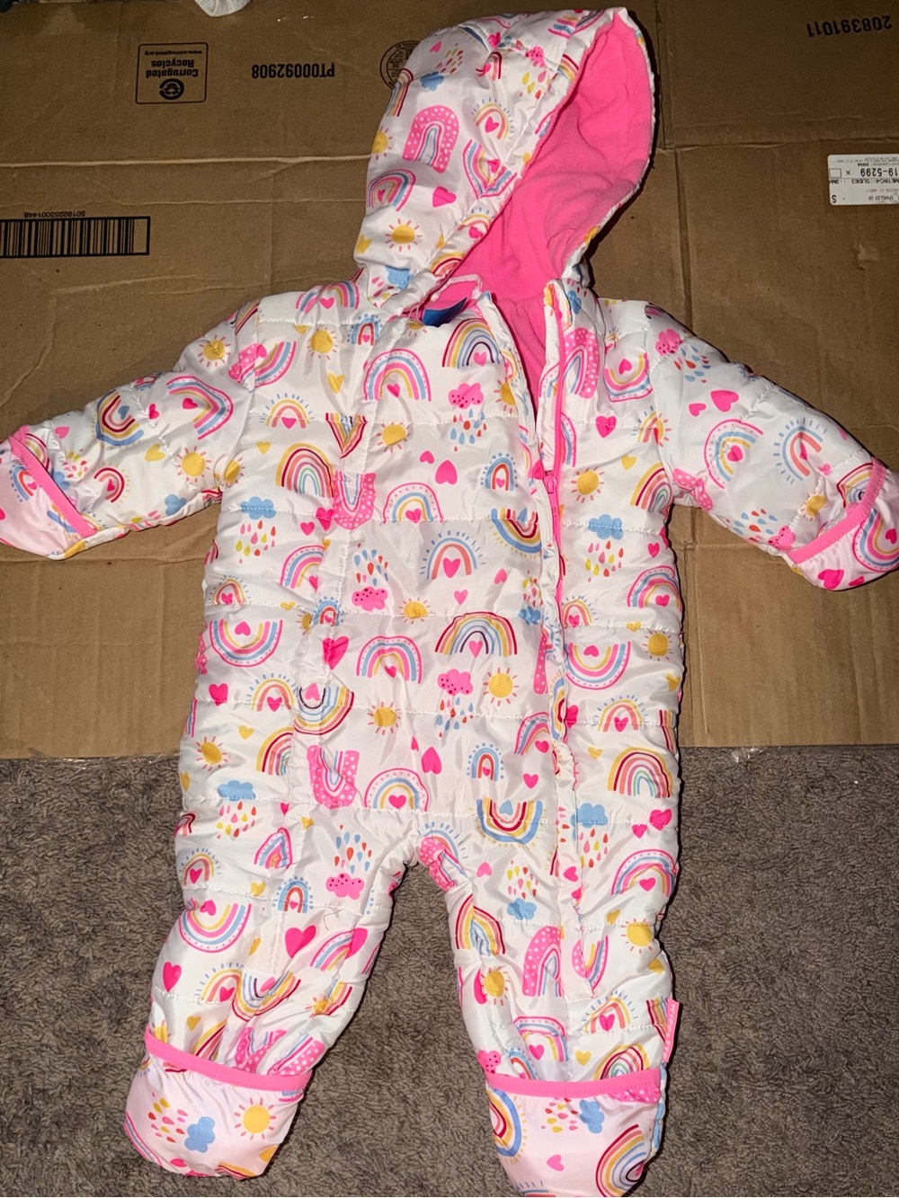 Infant Pink Rainbow Hooded Snowsuit One-Piece
